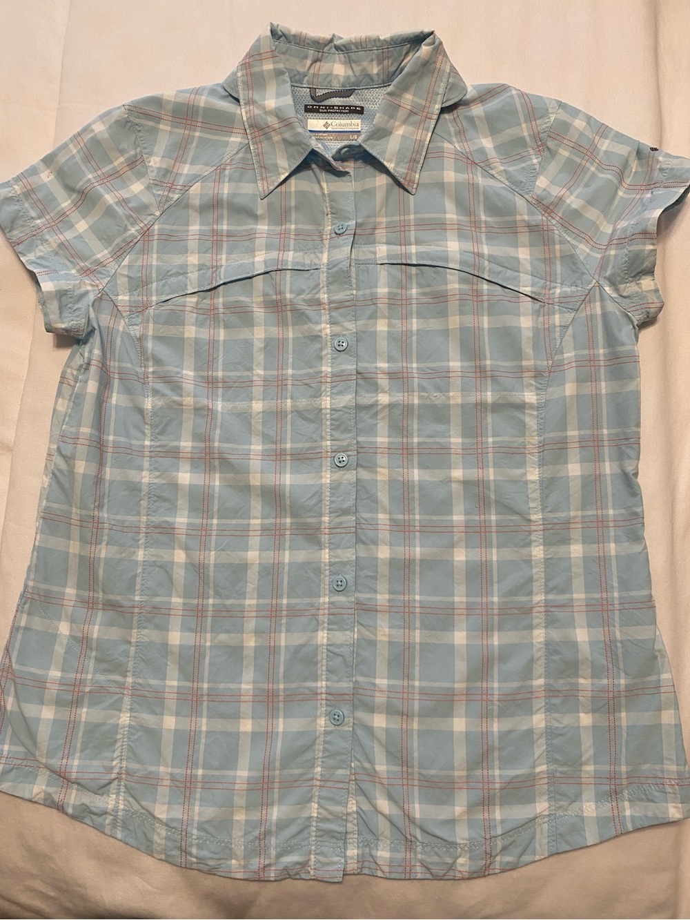 NEW Ladies’ L Columbia Omni-Shade Light Blue Plaid Short Sleeve Button Up Shirt